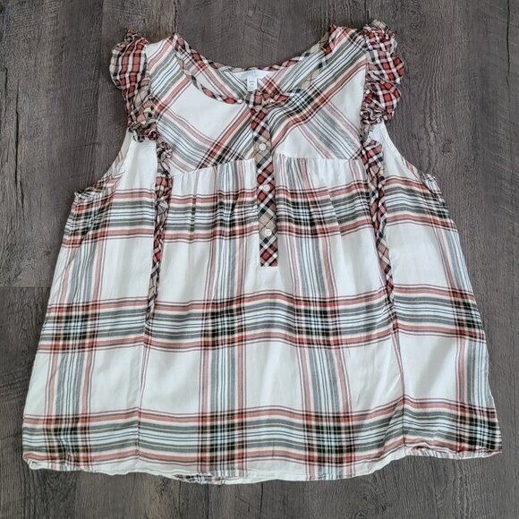 Time and Tru Plaid Ruffle Top Plus Size XXXL 22 Fall Sleeveless White Red Orange - Picture 1 of 4